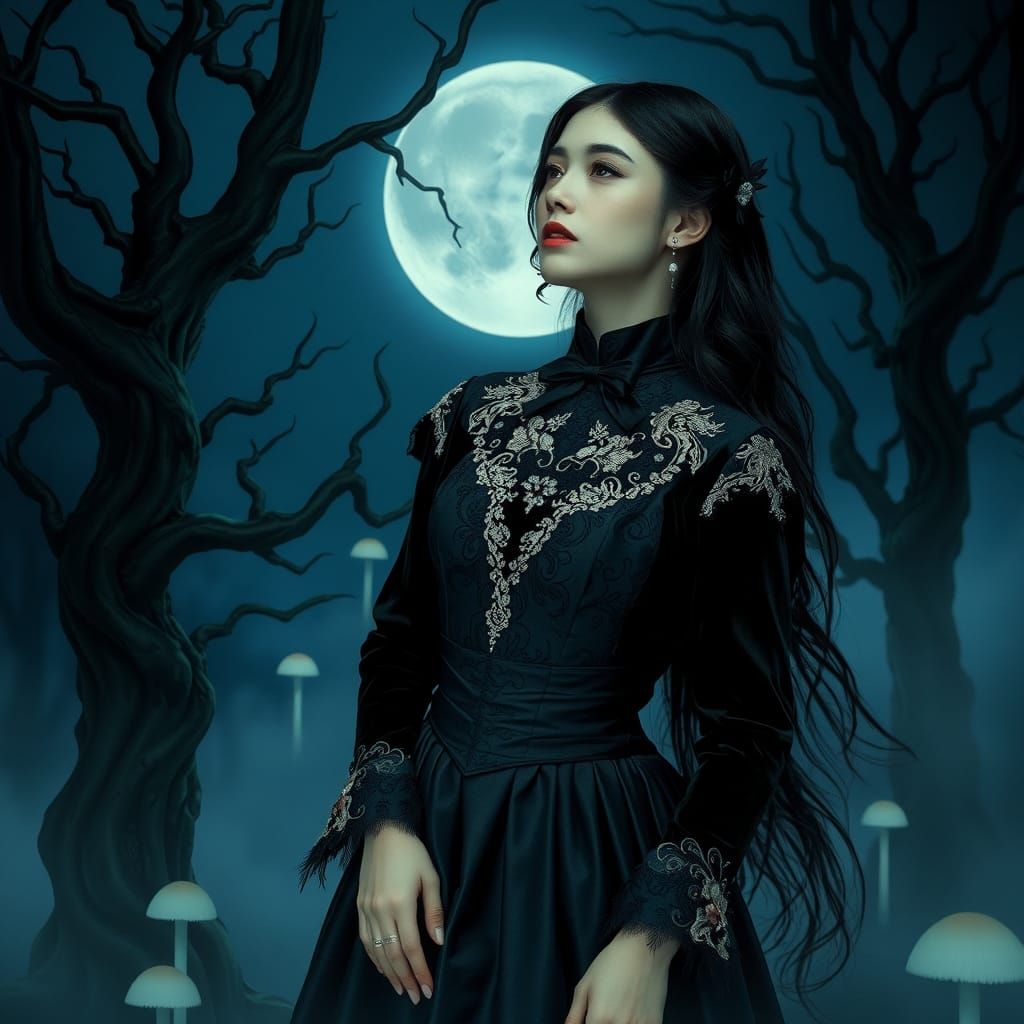 Gothic Woman in Moonlit Forest, Dreamlike Art