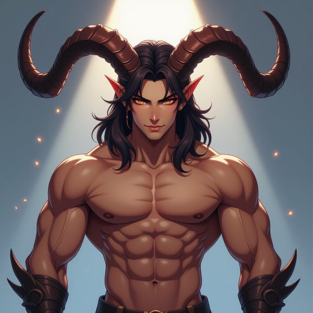 Handsome Anime Devil with Muscular Body and Majestic Horns