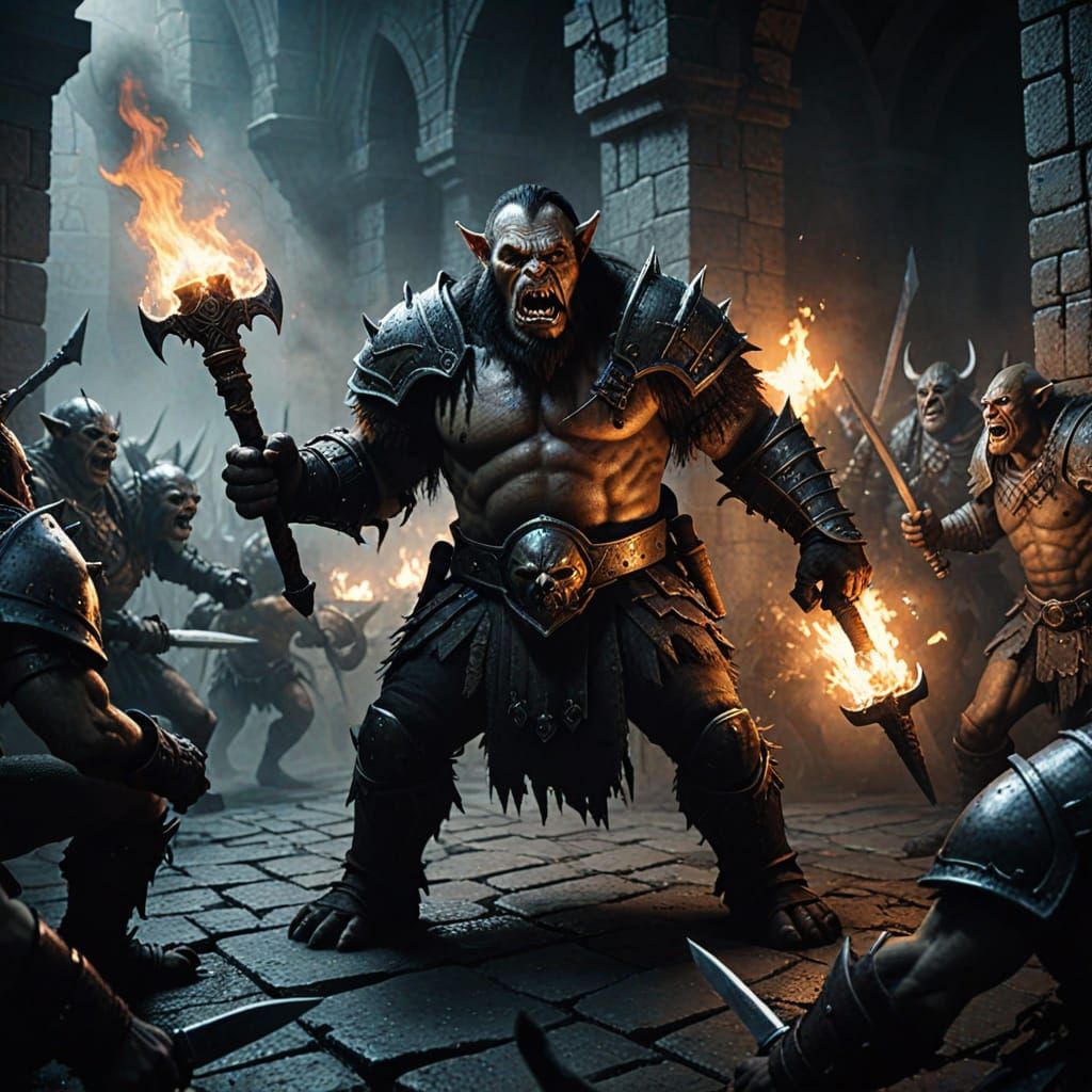 Dark Ages Warrior Battles Orcs in Gothic Castle