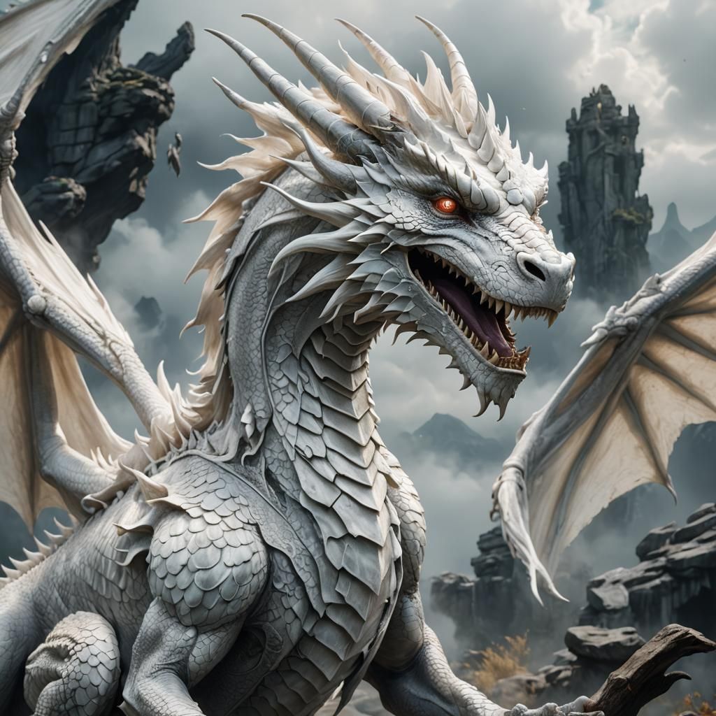 Ethereal White Dragon Portrait in Detailed Matte Painting