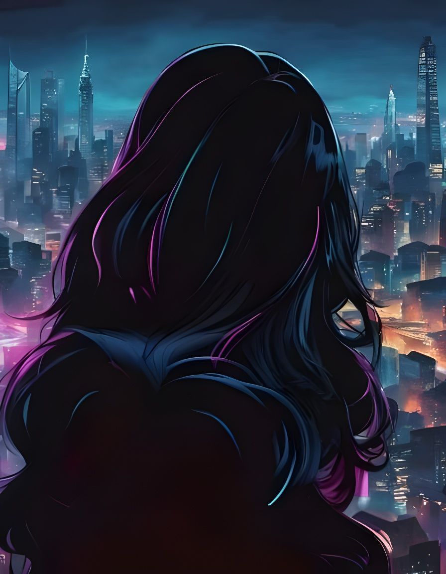 Neon Reflections on Long Dark Hair