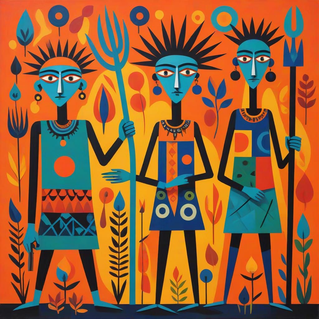 Anthropomorphic Figures in Vibrant, Primitive Art Style