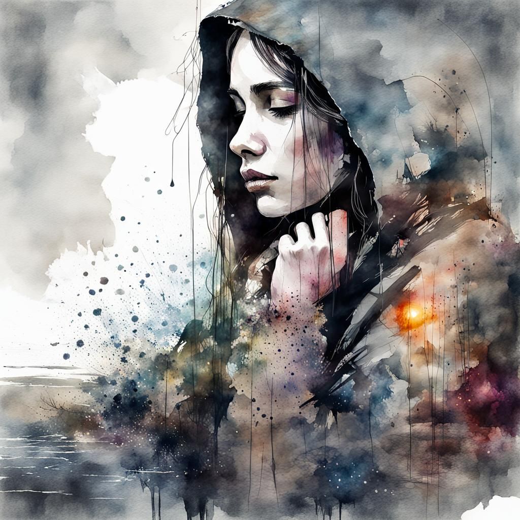 Aquarell einer traurigen Frau