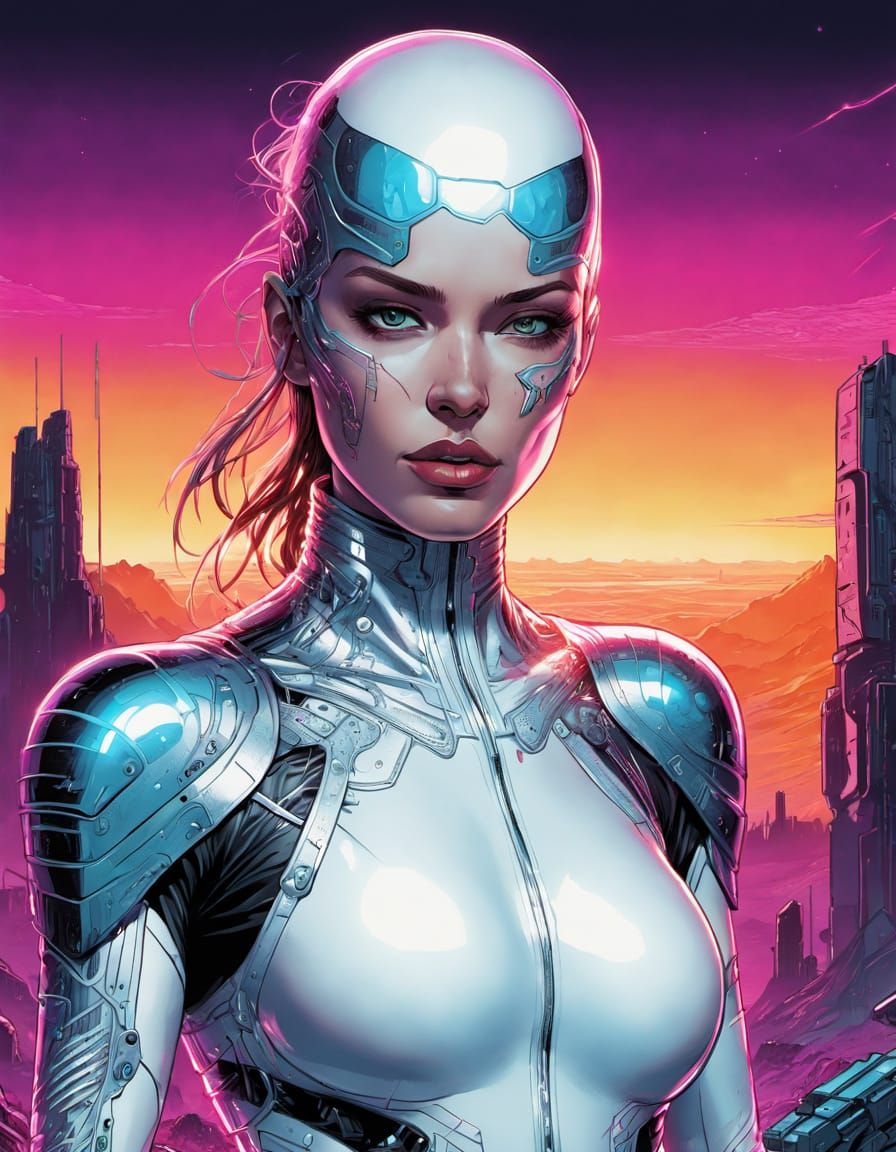 Futuristic Portrait in Neon Dystopian Landscape