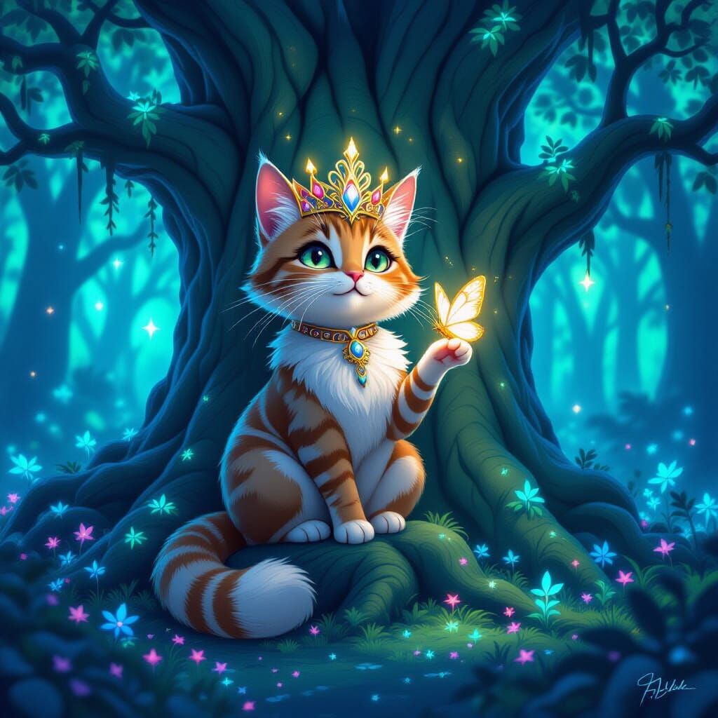 Cat King in Bioluminescent Forest, Digital Art