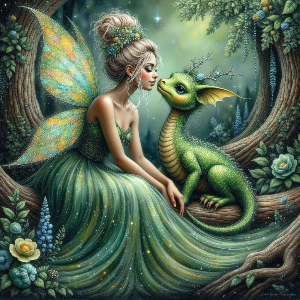 Fairy Kisses Dragon in Enchanted Forest Painting