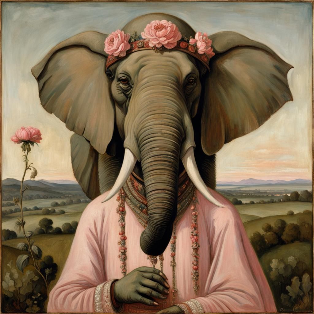 Anthropomorphic Elephant with Flower, Neo-Impressionist Art