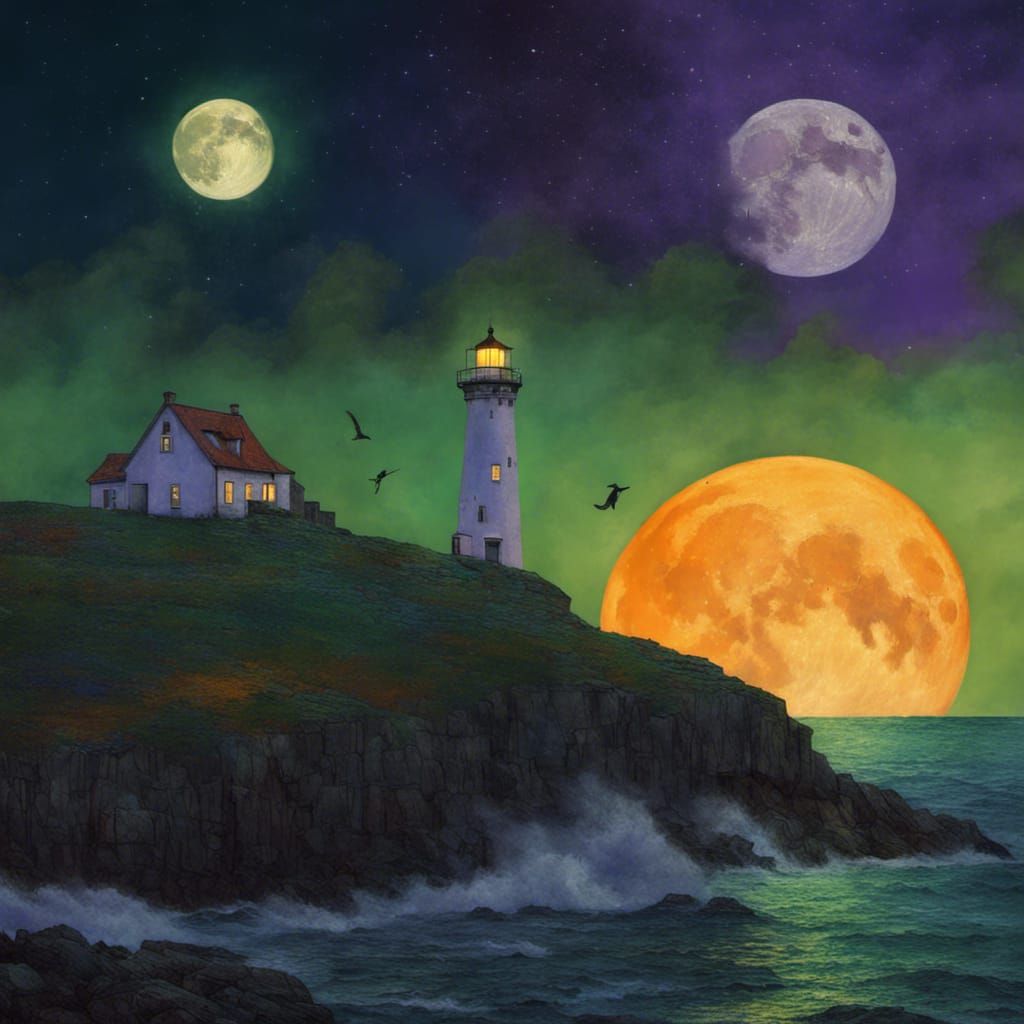 moody lighthouse image, witch on broomstick near moon, moon and stars, highly illuminated, green, blue, violet, orange, ...
