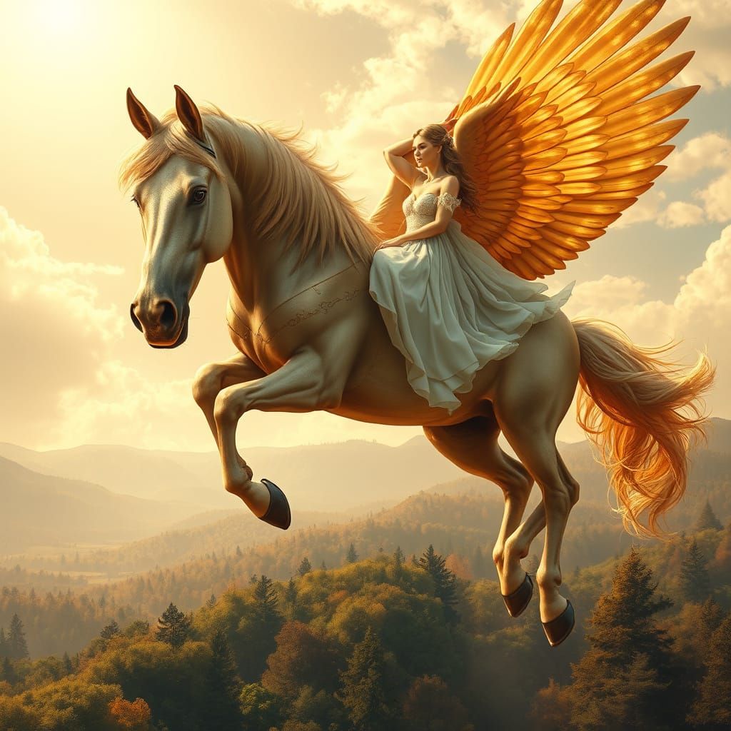 Winged Horse and Maiden Soaring in Golden Light