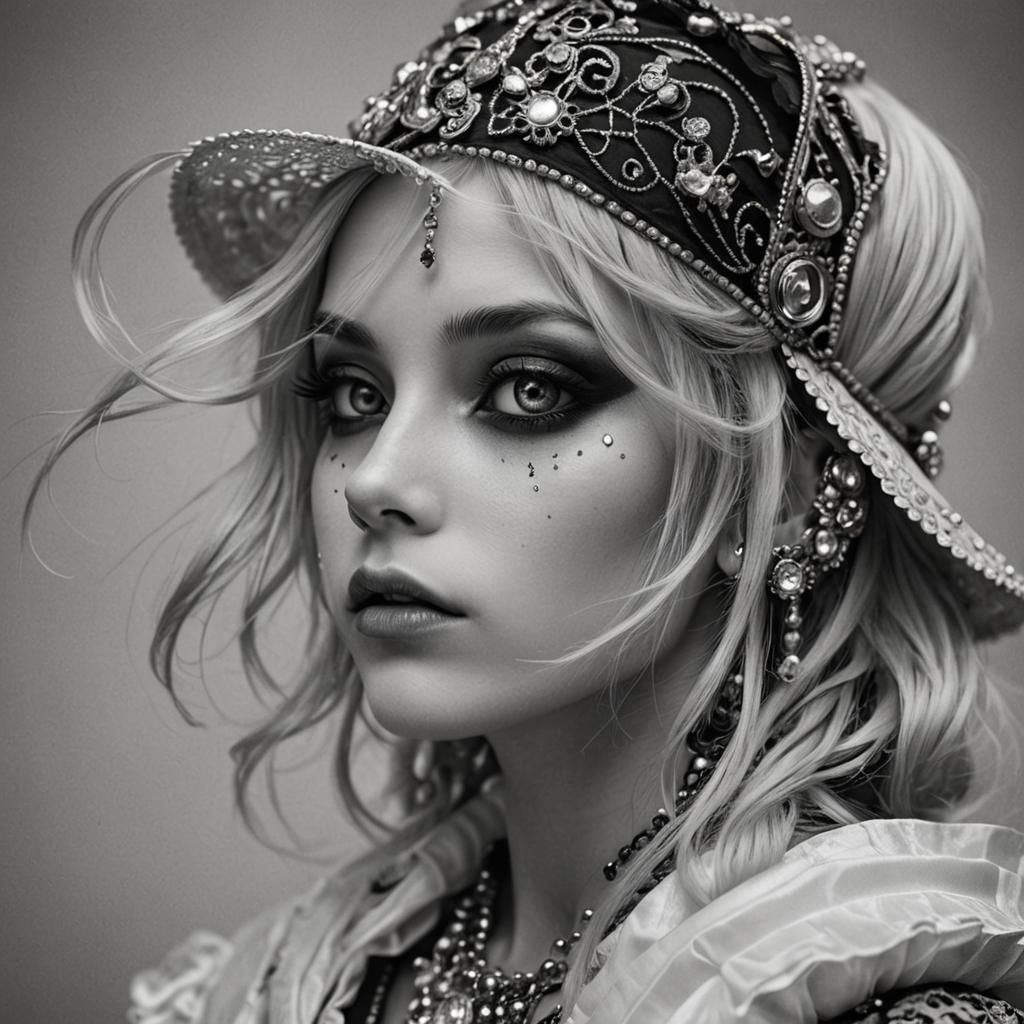 Rococo Girl Portrait in Anime Style, Black and White