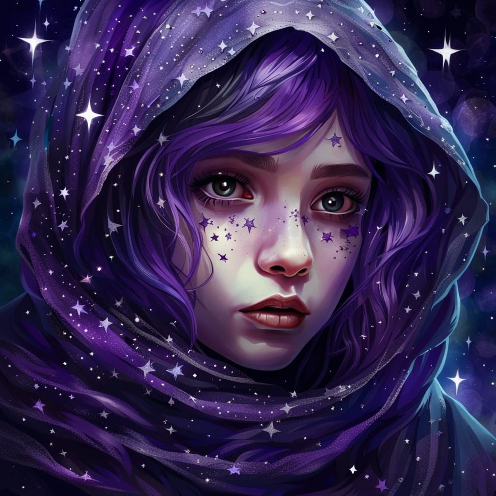 Fantastical Portrait of Girl with Silver Eyes and Stars