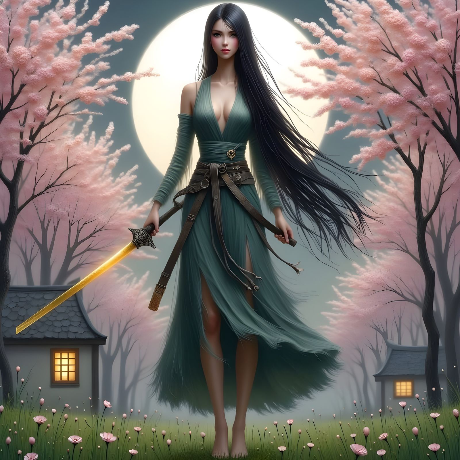 Magical Samurai Shields Children in Moonlight