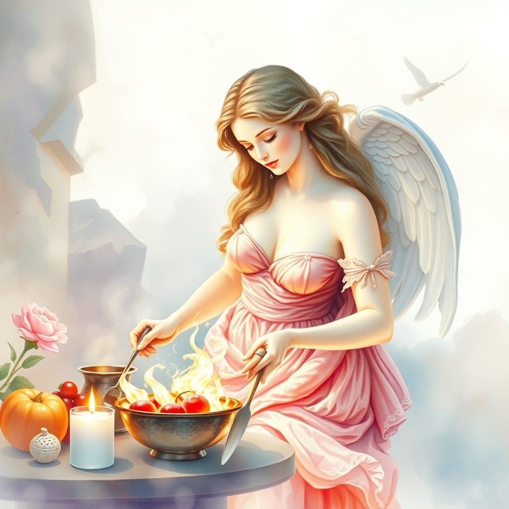 Aphrodite Cooking: Botticelli Style in Pastel Watercolors