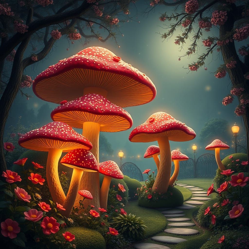 Whimsical Nighttime Garden Scene in Dreamy French Style