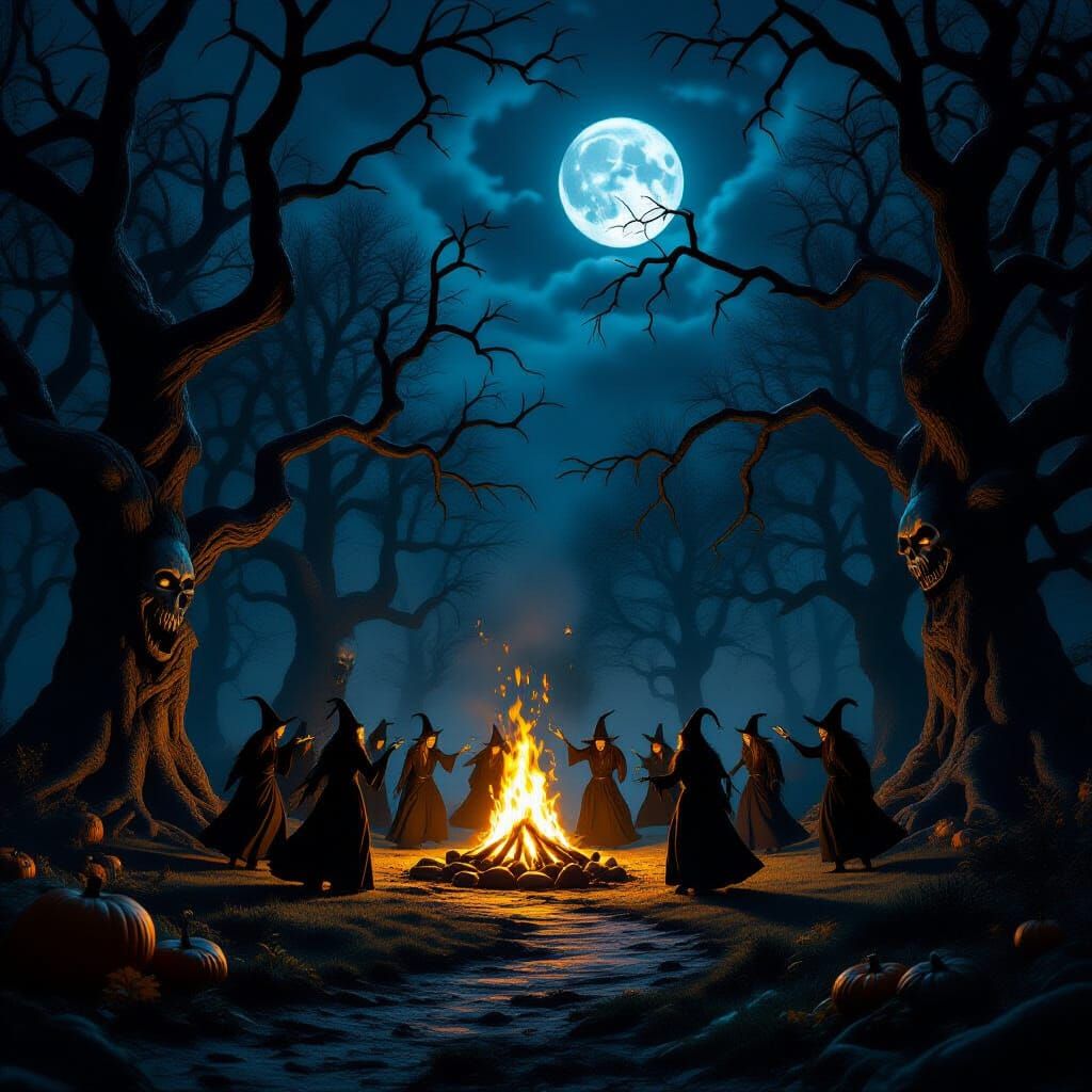 Halloween Forest Path with Dancing Witches and Bonfire