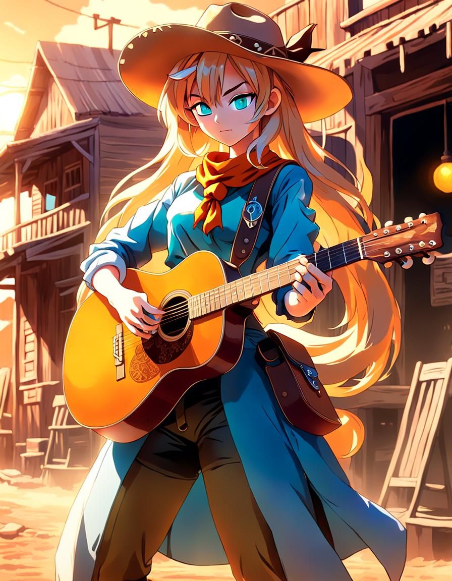 Anime Cowgirl Plays Guitar in Dragon Ball Style