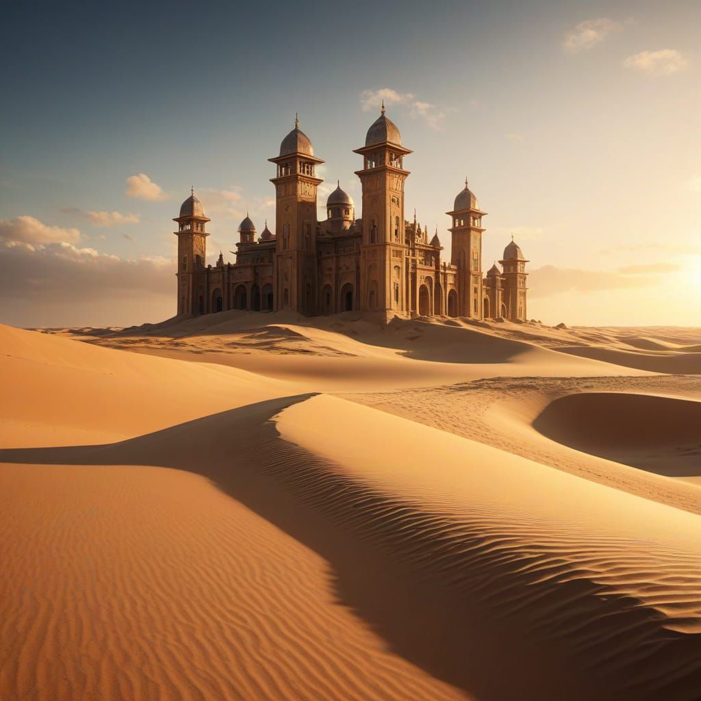 Surreal Ancient City Submerged in Golden Sands at Sunset