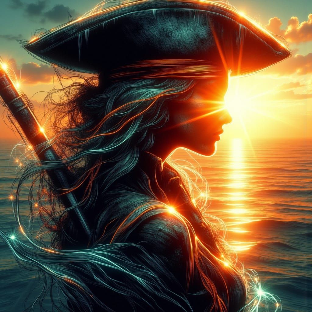 Glowing Sunset Portrait of a Lady Pirate in Digital Art