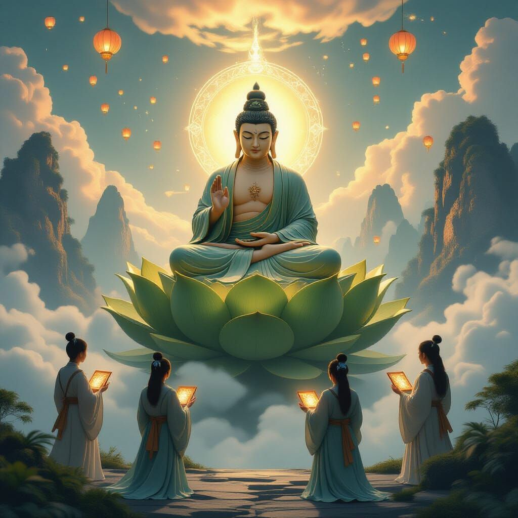 Buddha Teaching Magic in Surreal Celestial Landscape