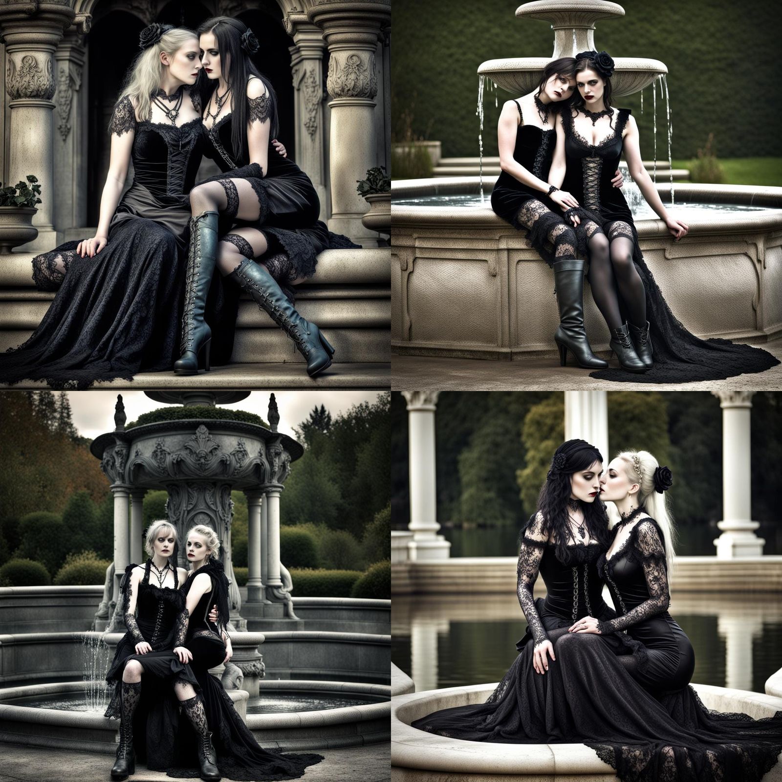 Sapphic gothic women embracing on a fountain.