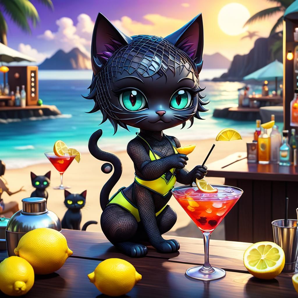 With a lemon twist, Bar-kini-kitter is servin' Kitty a Martini-milk