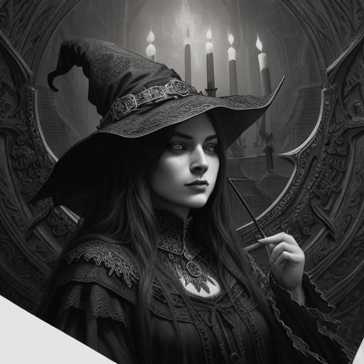 Gothic Cat in Witch Hat: Etching Illustration