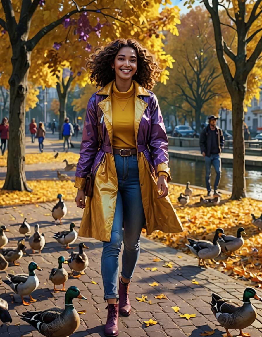 Porto Rican Woman and Ducks in Autumn Park