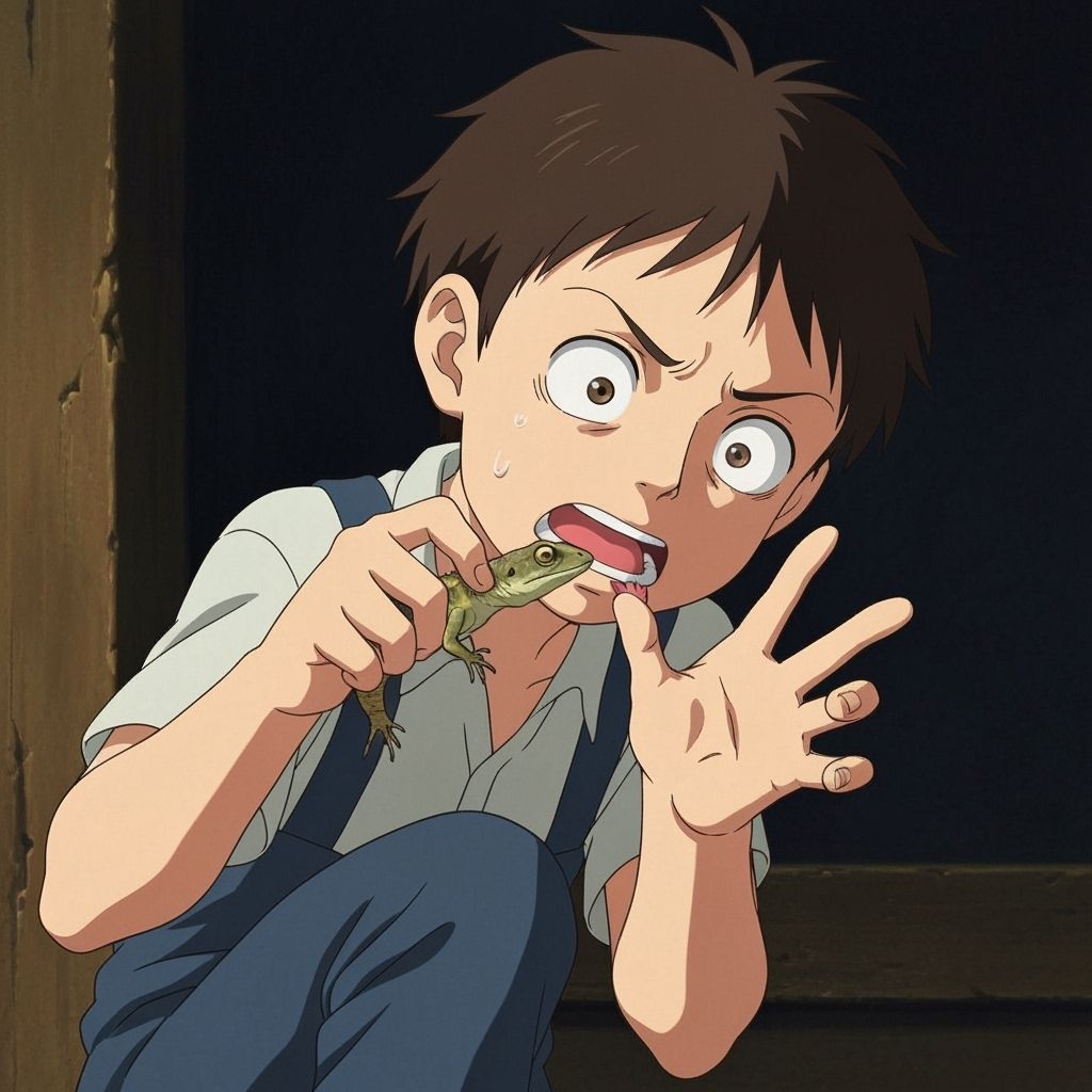 Anime Boy Bitten by Lizard in Ghibli Style