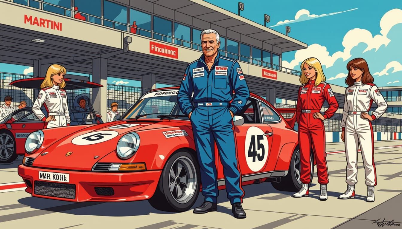 Retro Porsche Scene in Manara-esque Illustration