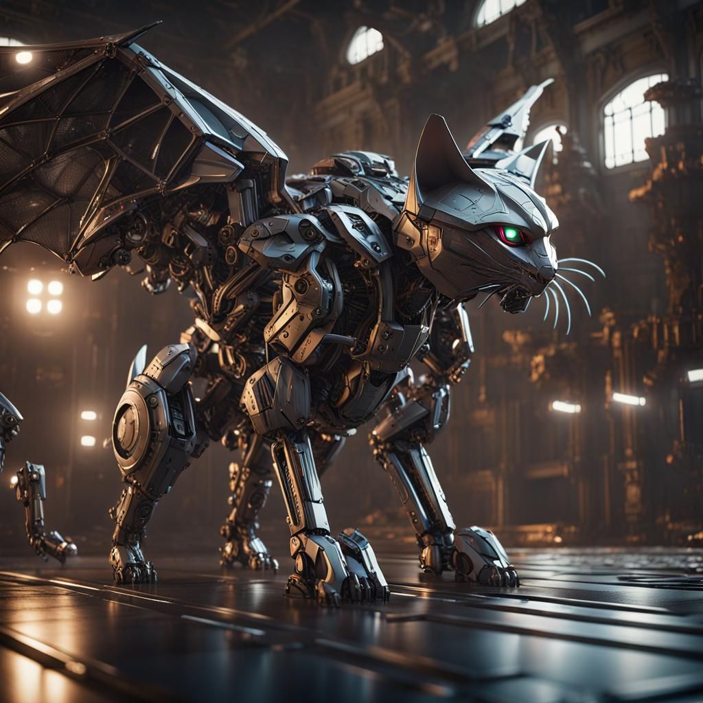 Giant Bat-Winged Cat Robot in Sci-Fi Style