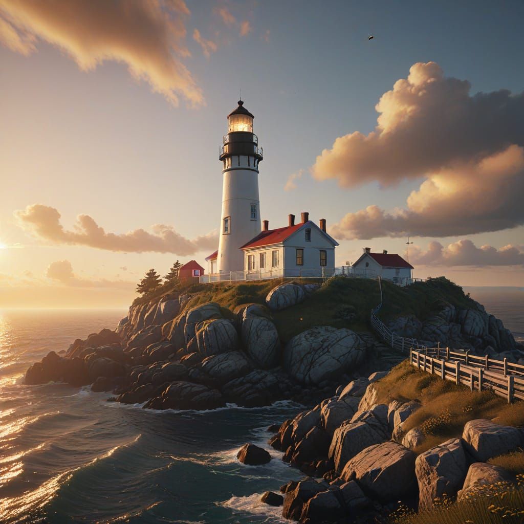 Cape Elizabeth Lighthouse Sunset in Golden Hour Glow