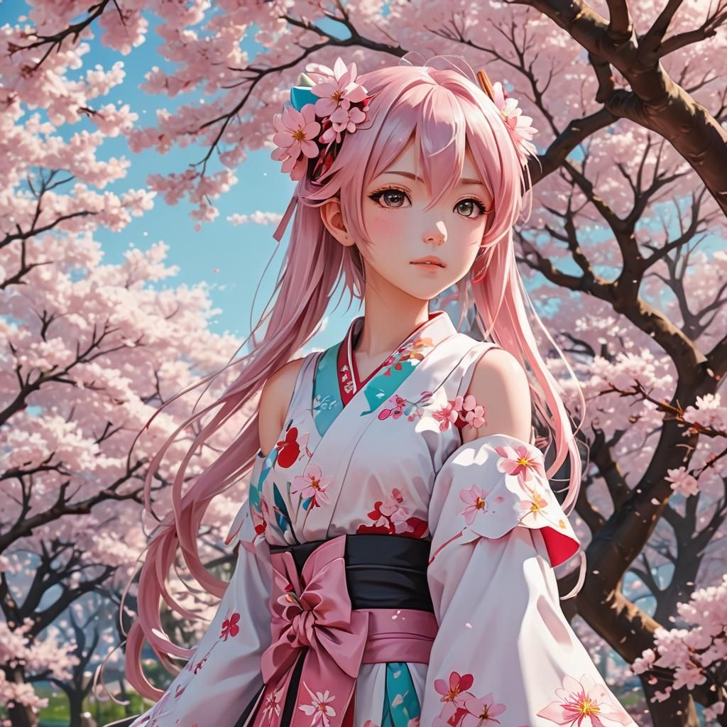 Sakura Miku in Cherry Blossom Garden: Anime Art