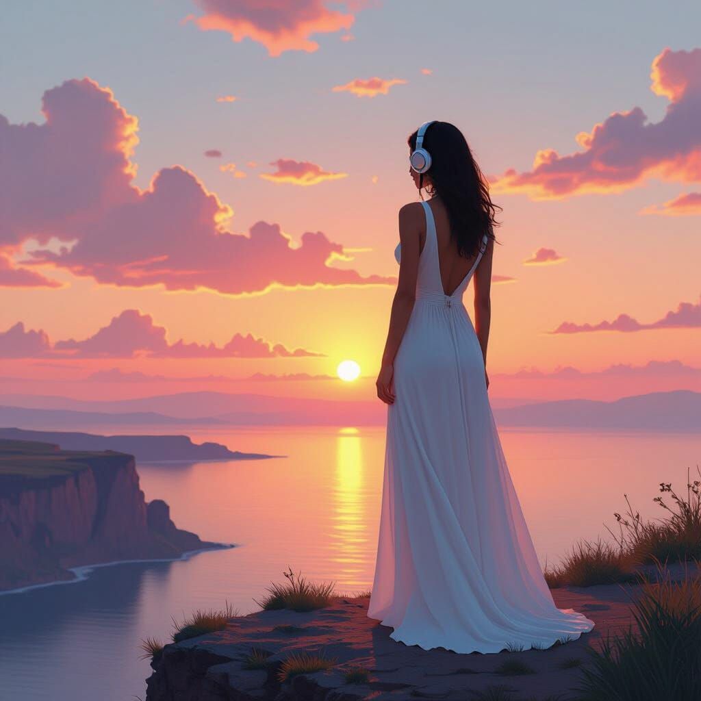 Woman in White Dress at Sunset, Ethereal Landscape