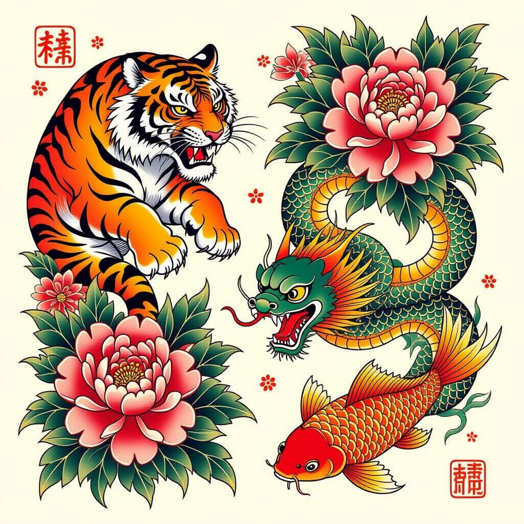 tattoo flash sheet featuring a variety of traditional Japane...