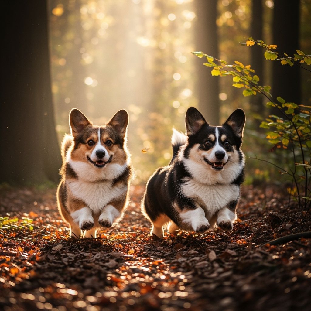 Corgis Leap Through Autumn Forest in Sunlight