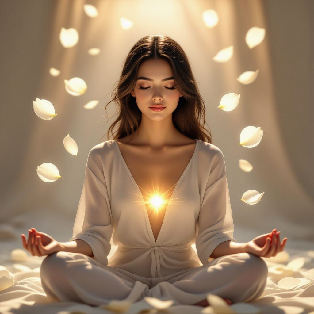 Serene Woman Meditating With Golden Light Aura