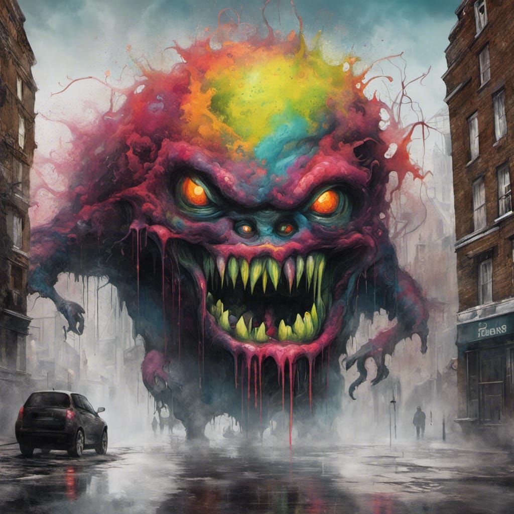 Monster Emerges from Fog in London: Graffiti Art
