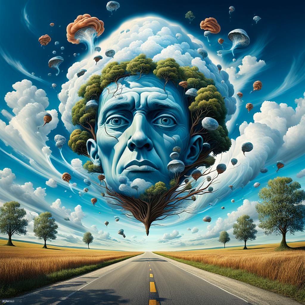Surreal Head with Floating Objects, Dreamlike Digital Art
