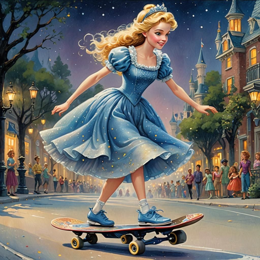 Cinderella on a skateboard, neverland whimsical storybook il...