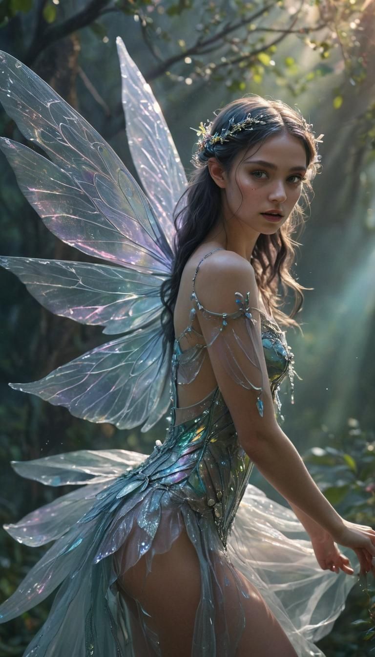 Iridescent Fairy with Translucent Wings in Hyperrealism