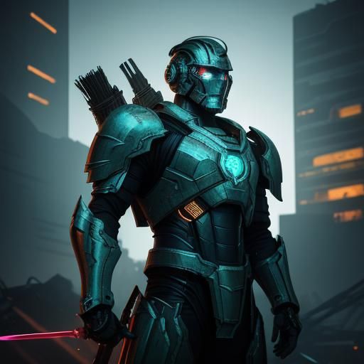 Futuristic Warrior in Ruined Cityscape with Neon Sword