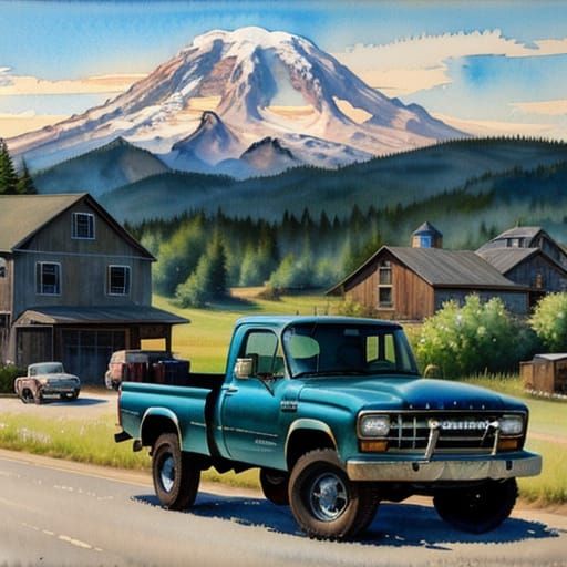 Impressionistic Watercolor: Truck, Garage, and Mt. Rainier