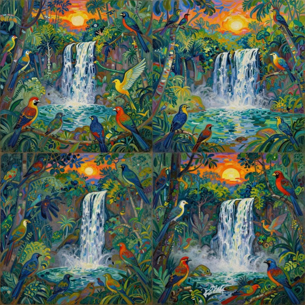 Vibrant Rainforest Sunset with Birds and Creatures