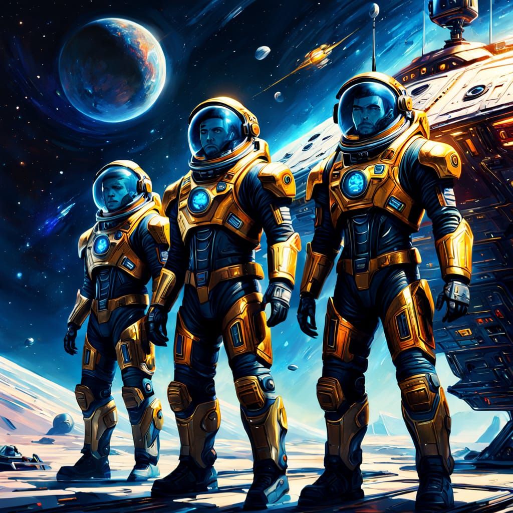 Interstellar Adventurers on Spaceship as Oil Painting