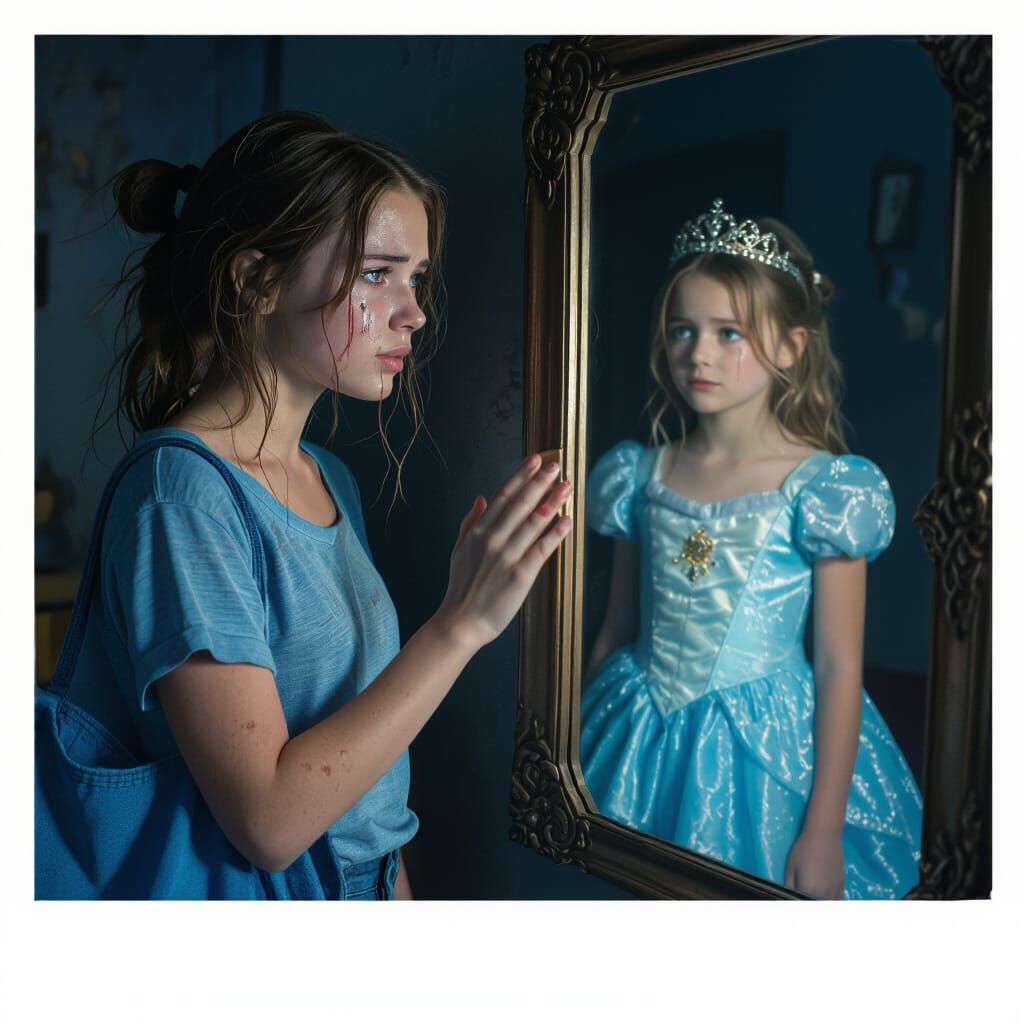 Woman Faces Younger Self in Reflective Mirror