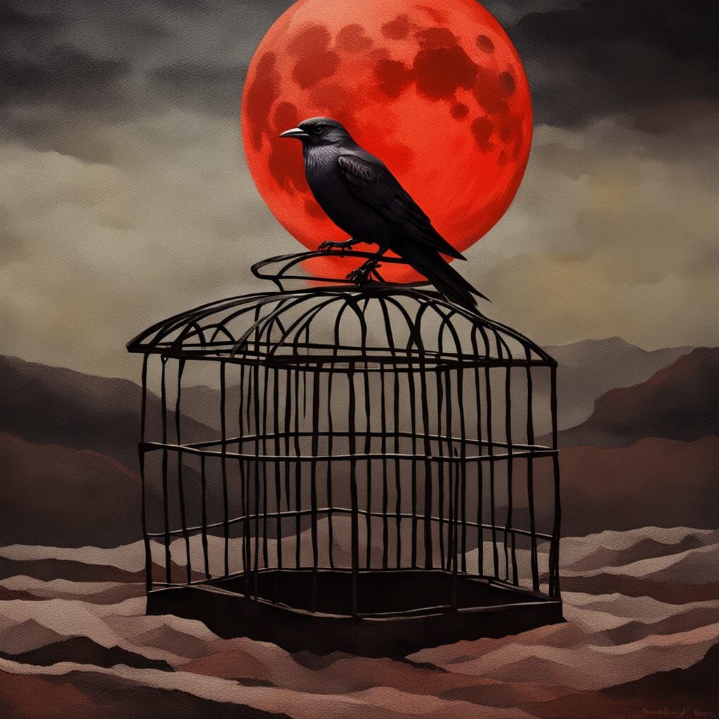 Surreal Bird in Cage Under Red Moon