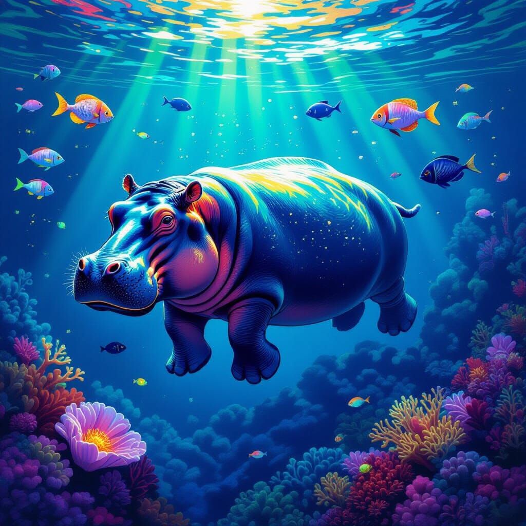 Bioluminescent Hippo in Art Nouveau Coral Reef