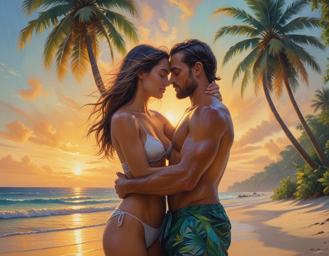 Surreal Tropical Oasis in Vibrant Oil Painting