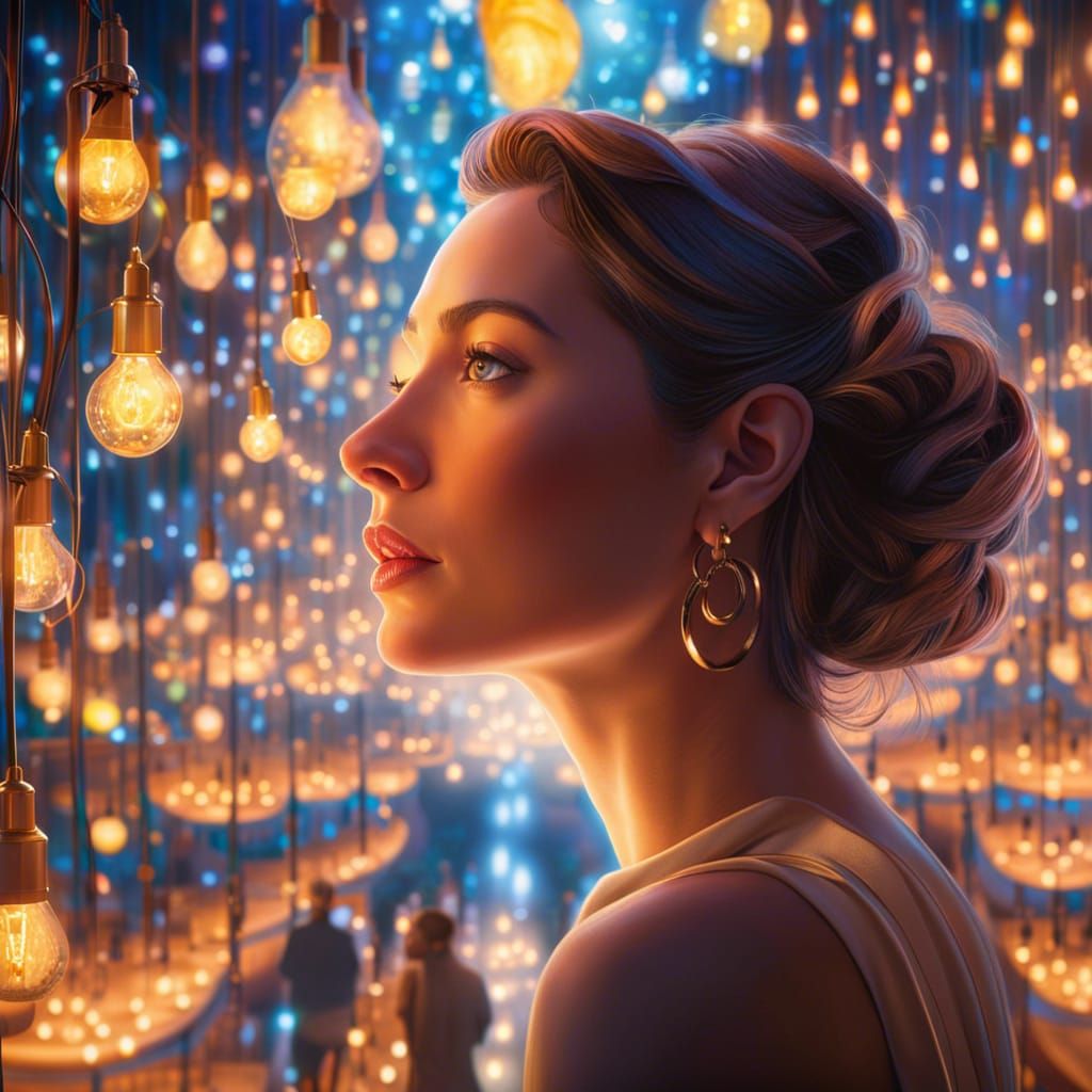 Woman in Glowing Lights of Enchanted Utopia