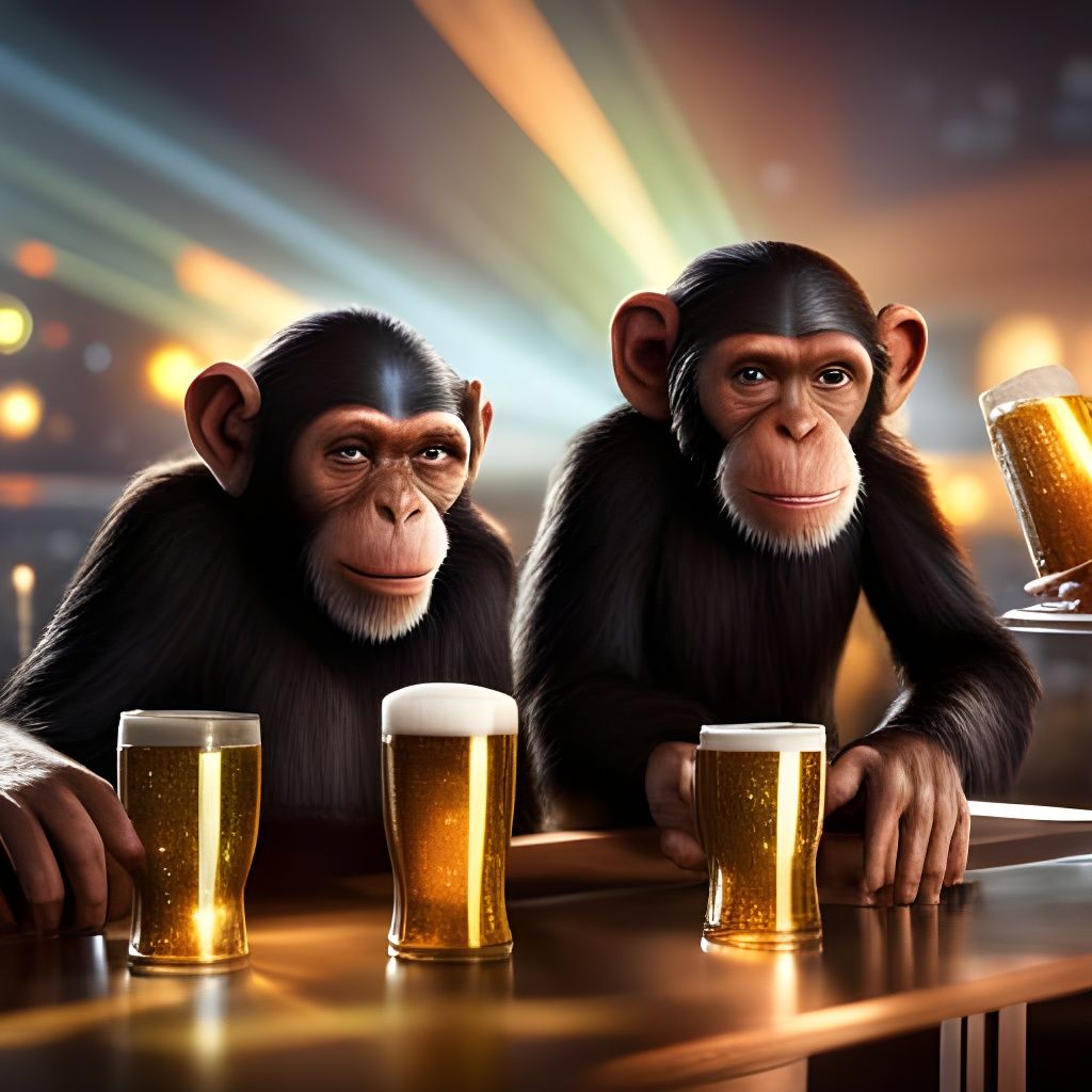 Chimpanzees Drinking Beer in a Crowded Bar